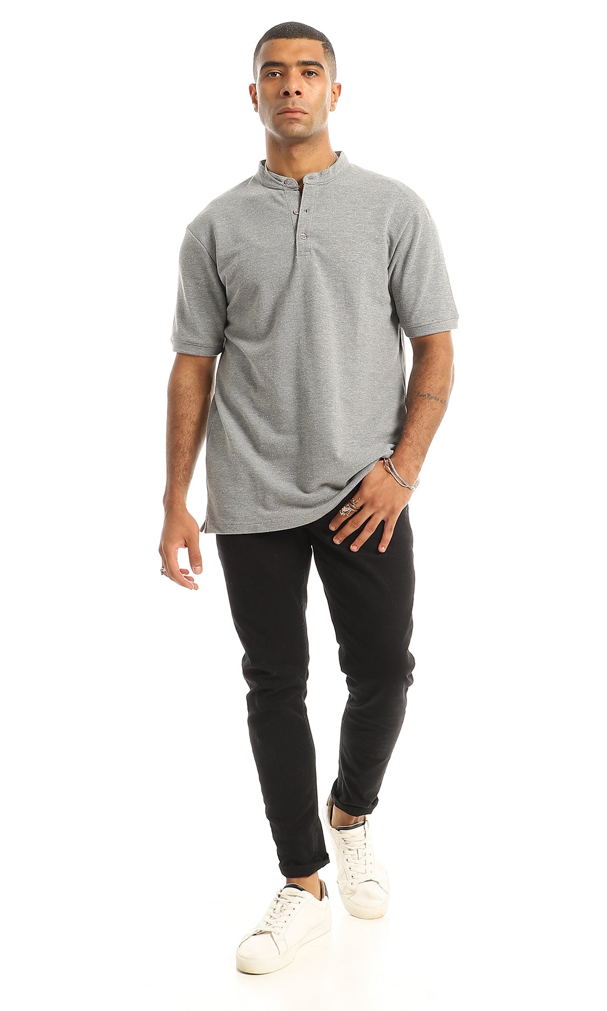 O154973 Short Sleeves Madarin Neck Henley Shirt - Grey