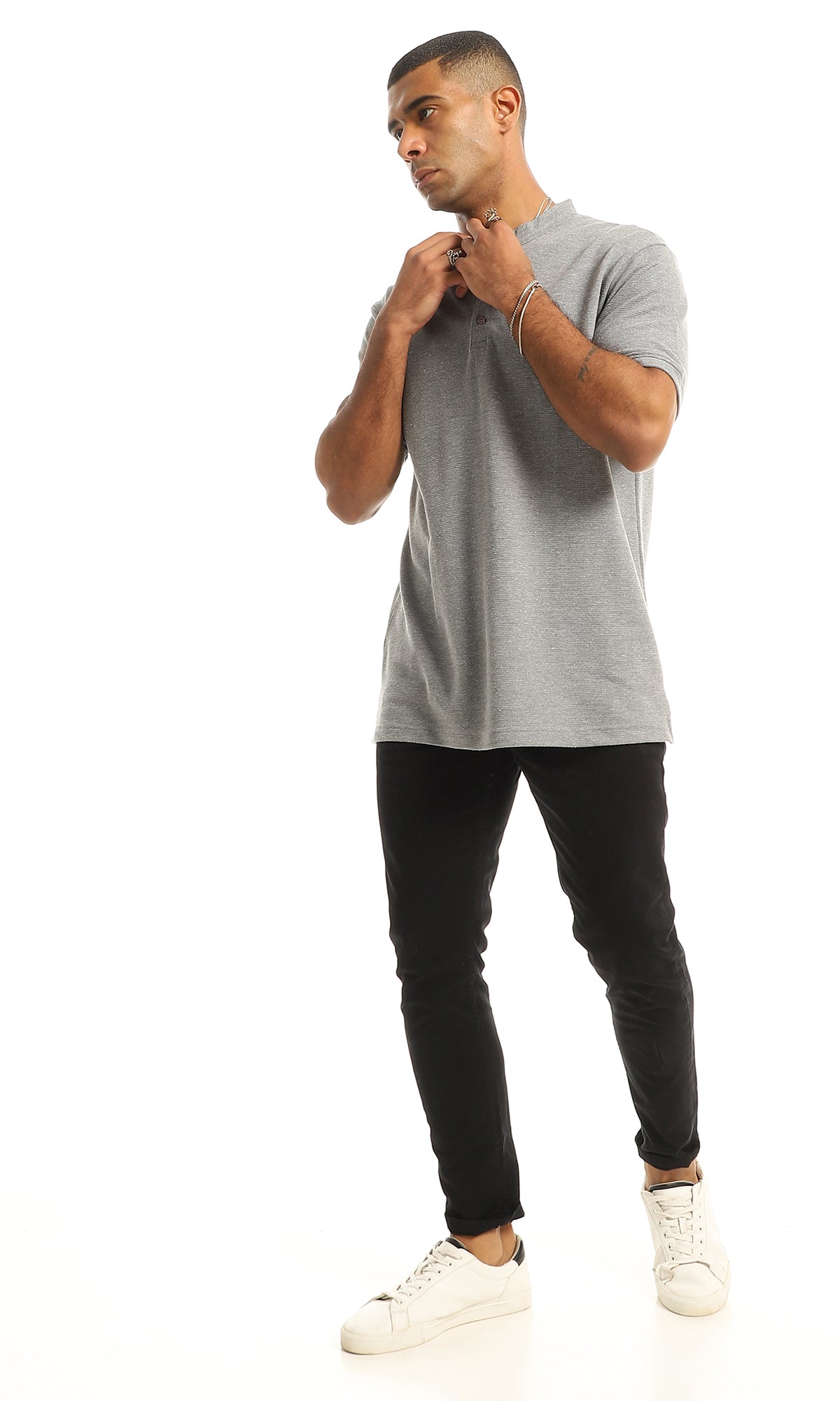 O154973 Short Sleeves Madarin Neck Henley Shirt - Grey