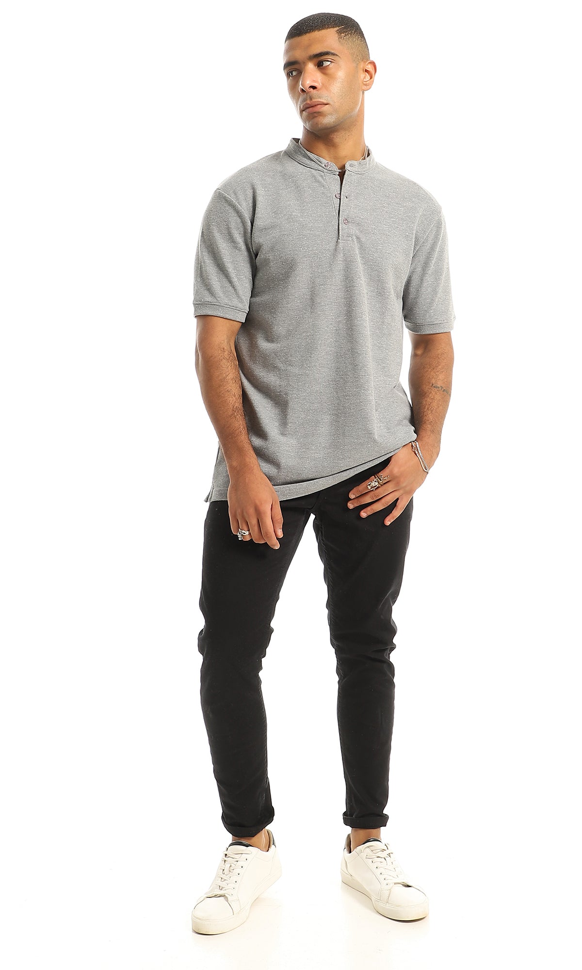 O154973 Short Sleeves Madarin Neck Henley Shirt - Grey