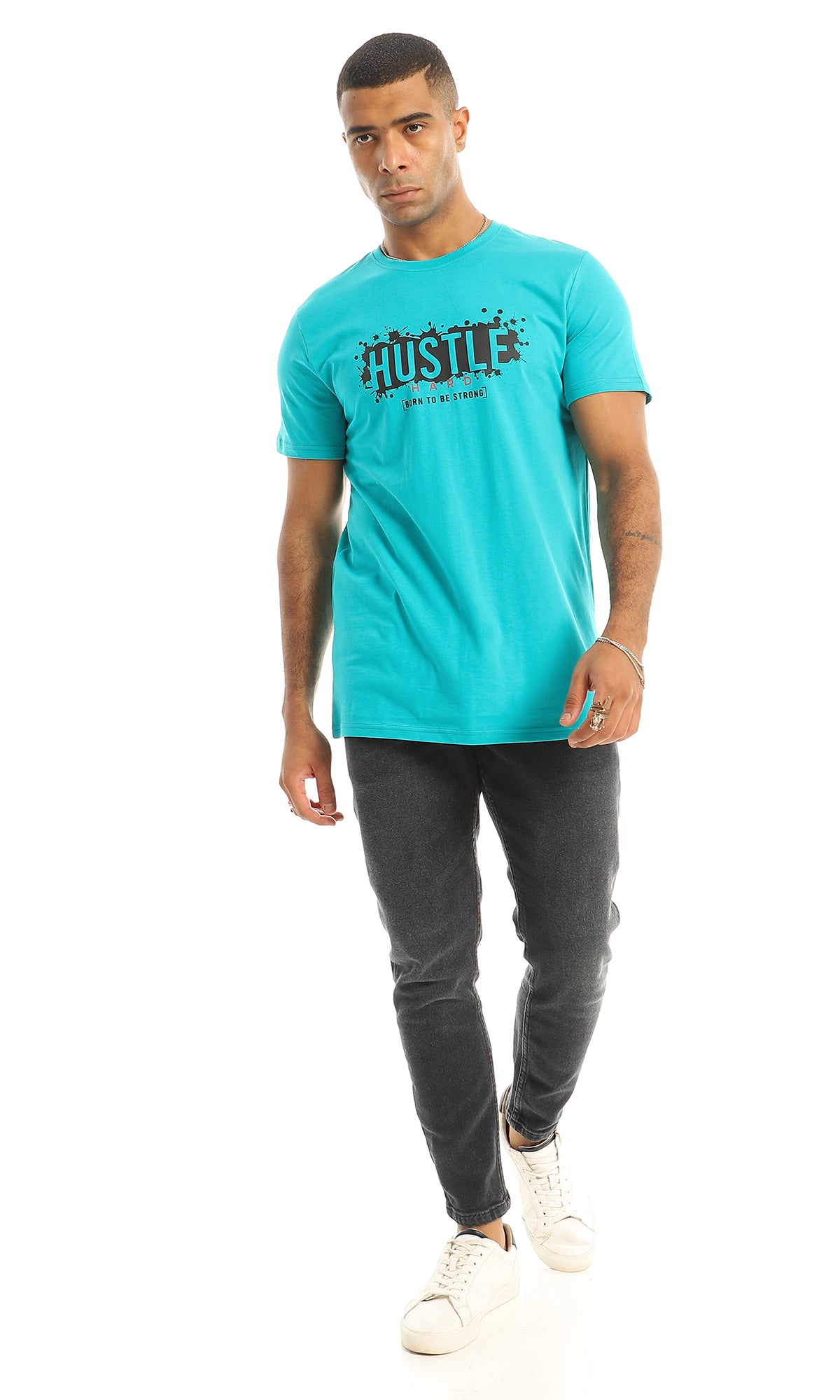 O154997 Chest Printed "Hustle" Dark Turquoise Tee