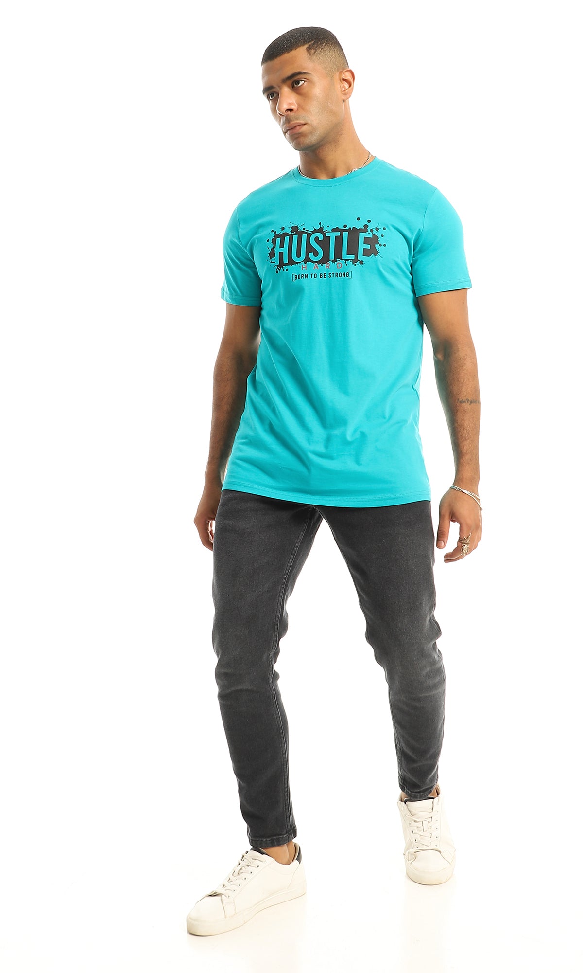O154997 Chest Printed "Hustle" Dark Turquoise Tee