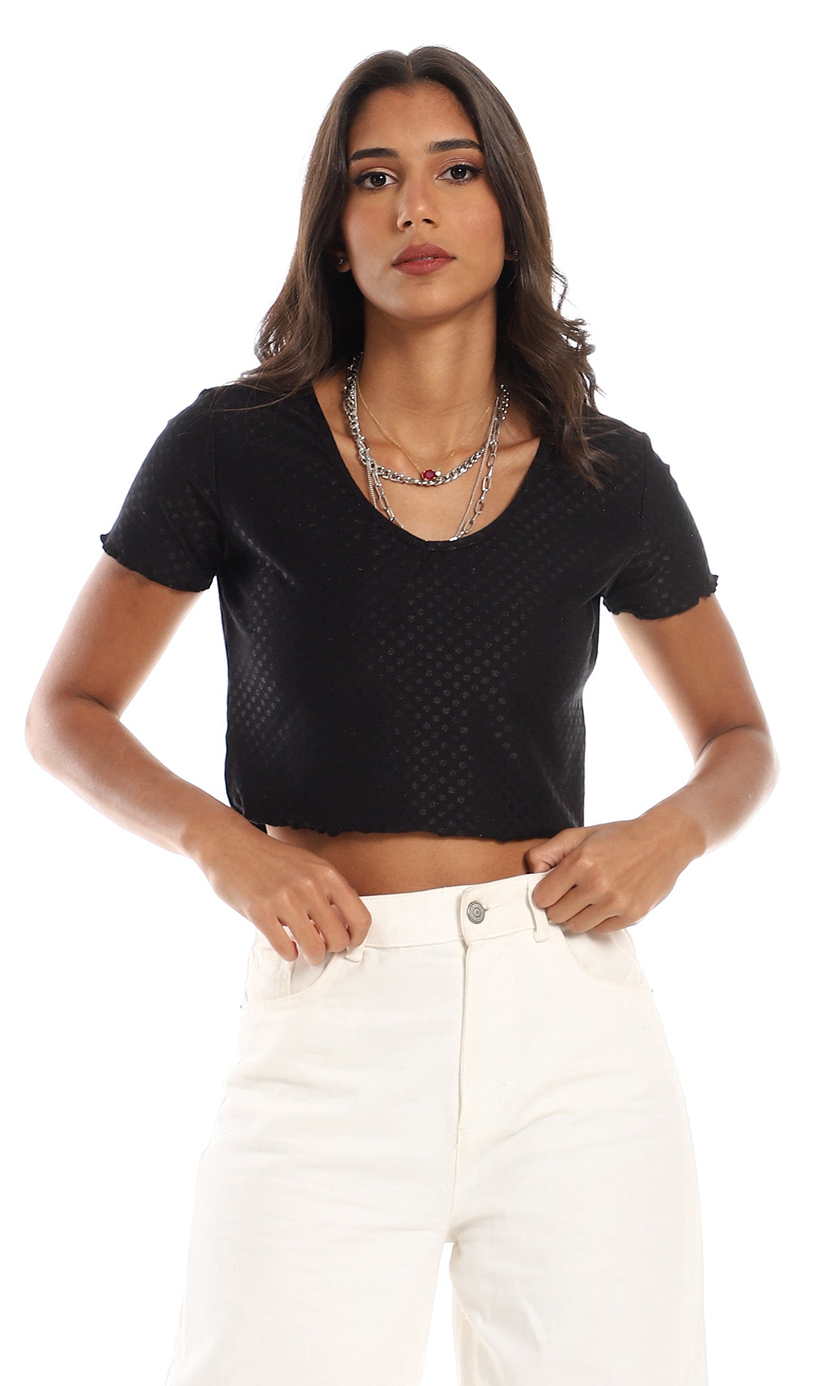 O154998 Patterned Deep V-Neck Cotton Top - Black