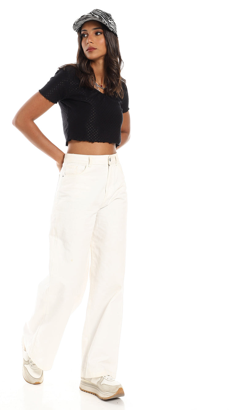 توب قطن منقوش بعنق V عميق - أسود