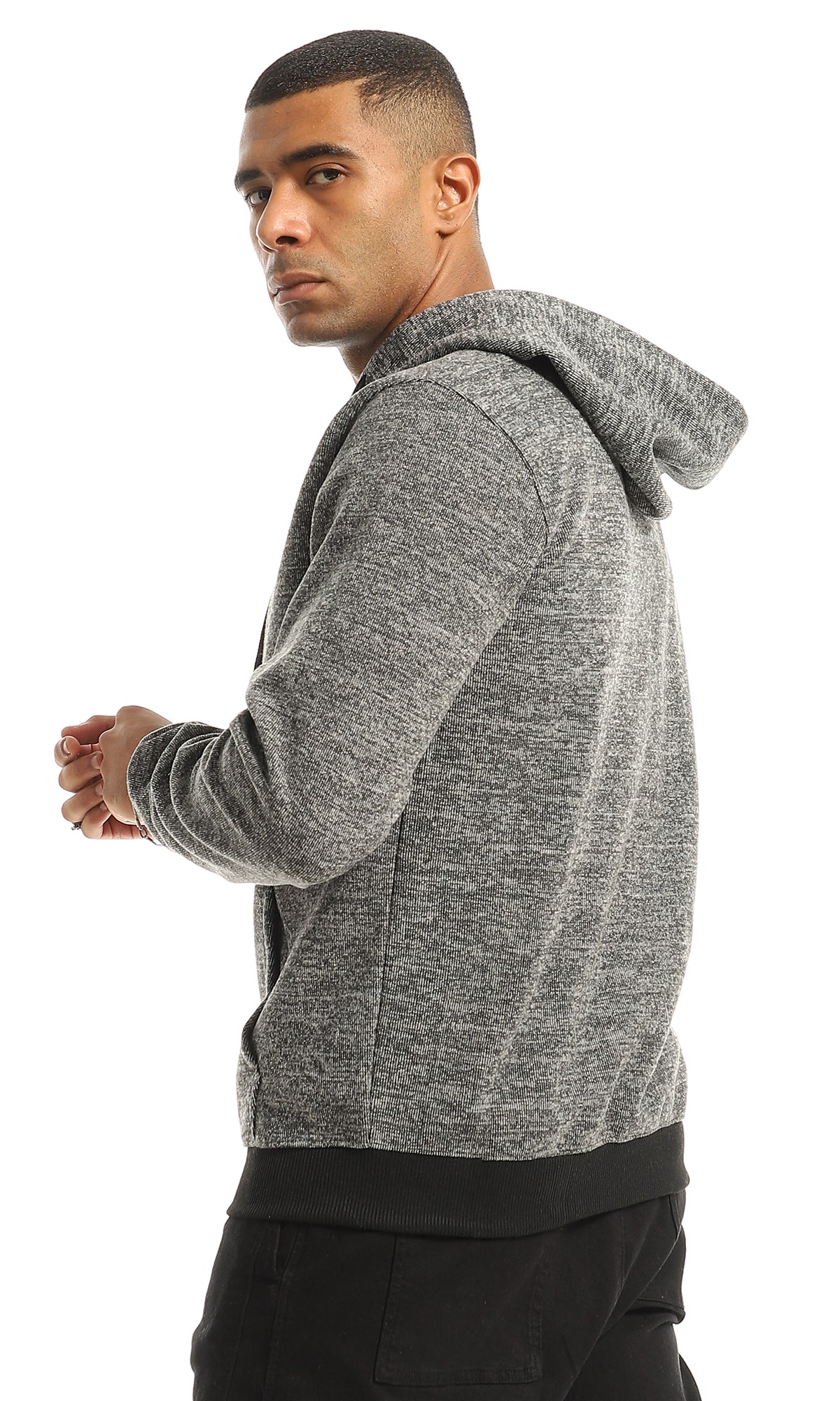 O155661 Black & Grey Hooded Sweatshirt With Front Zipper