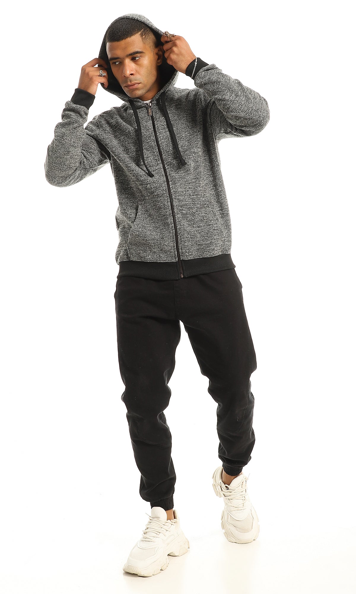 O155661 Black & Grey Hooded Sweatshirt With Front Zipper