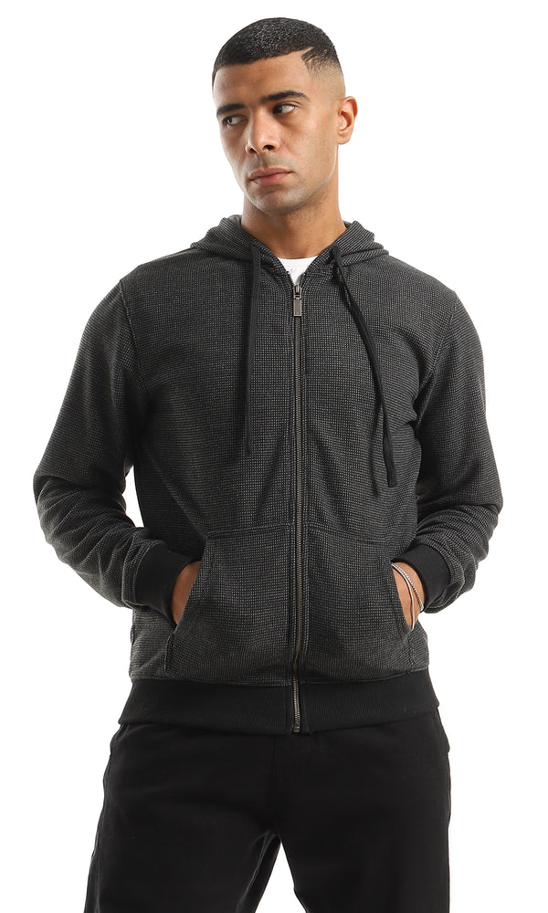 O155670 Tiny Squared Patted Zipped Dark Grey Sweatshirt With Side Pockets