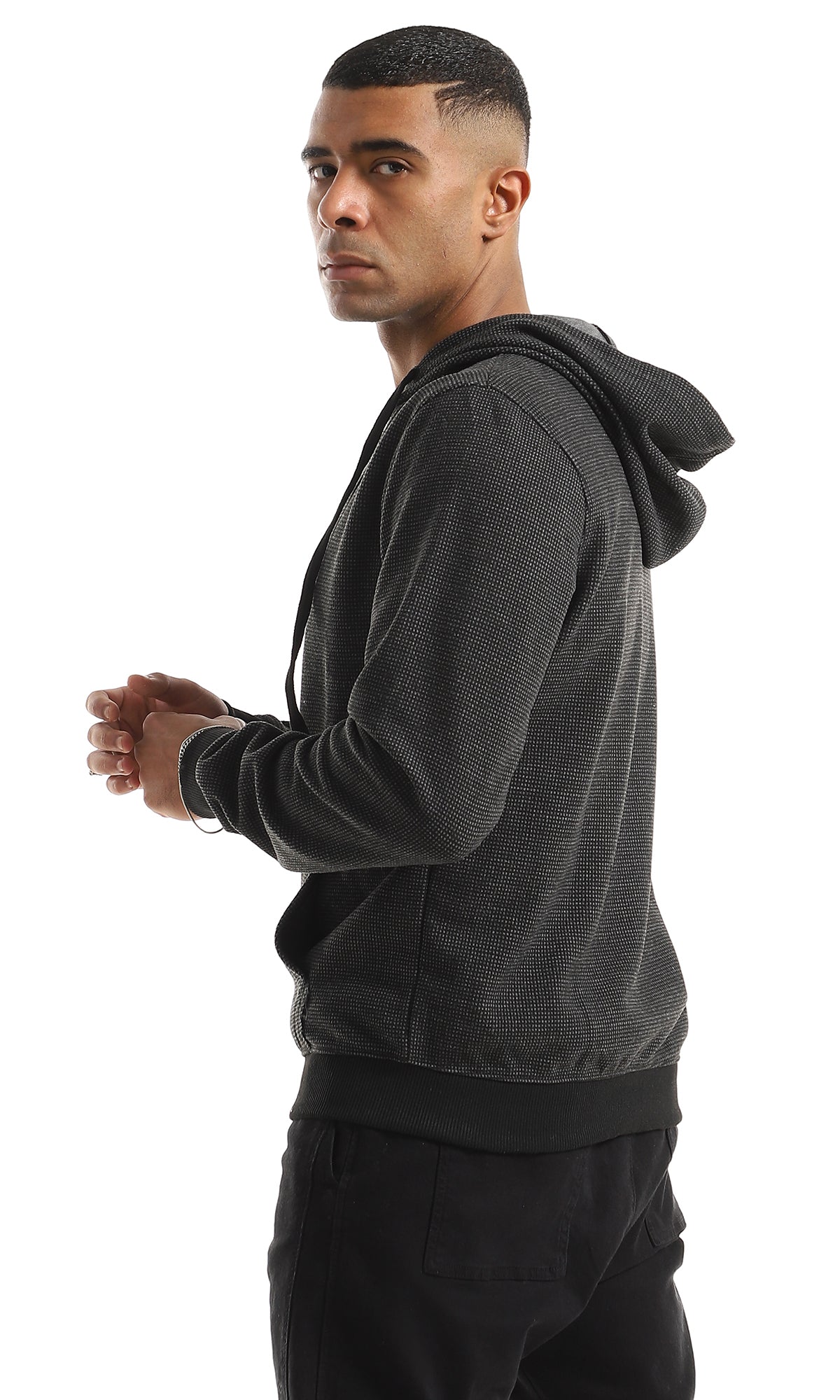 O155670 Tiny Squared Patted Zipped Dark Grey Sweatshirt With Side Pockets