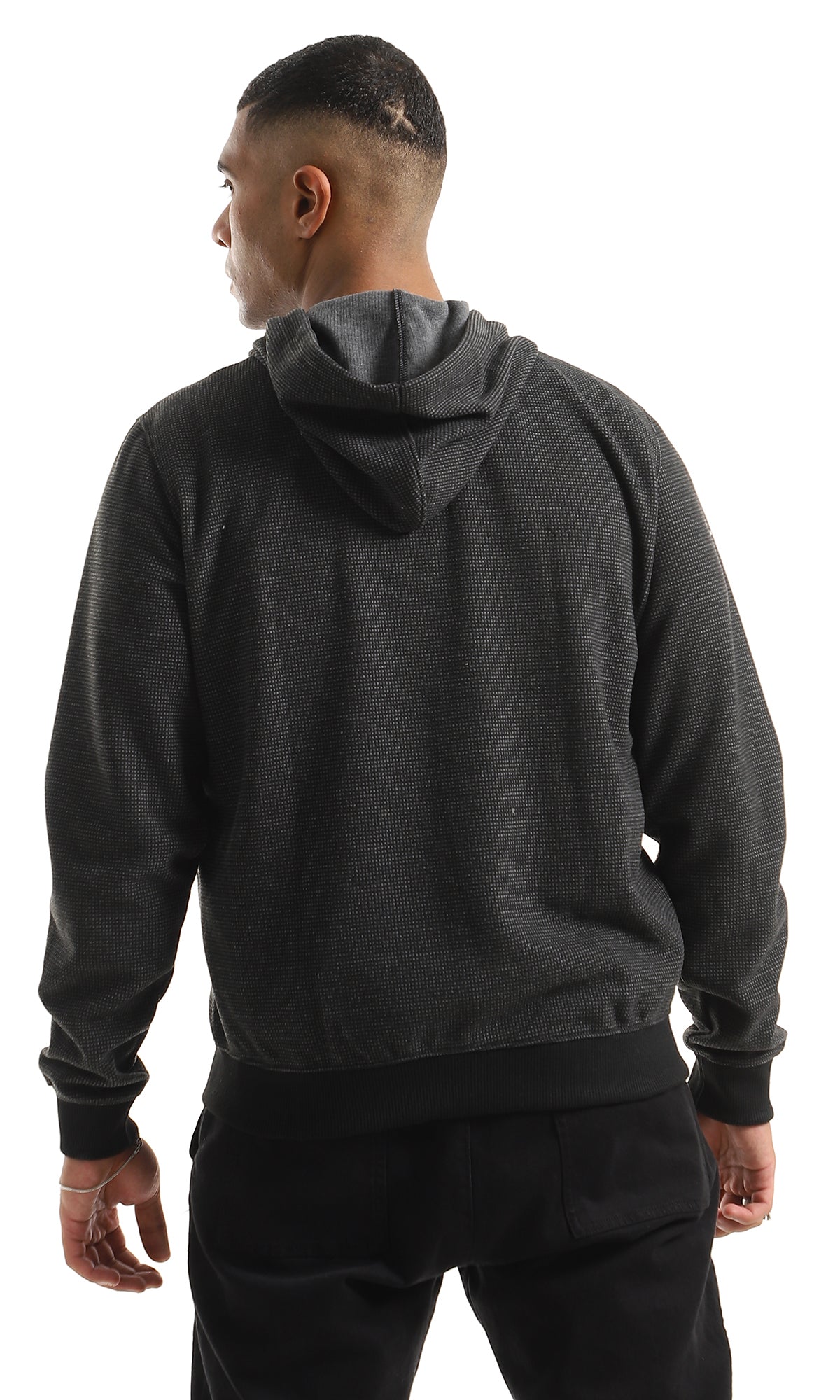 O155670 Tiny Squared Patted Zipped Dark Grey Sweatshirt With Side Pockets