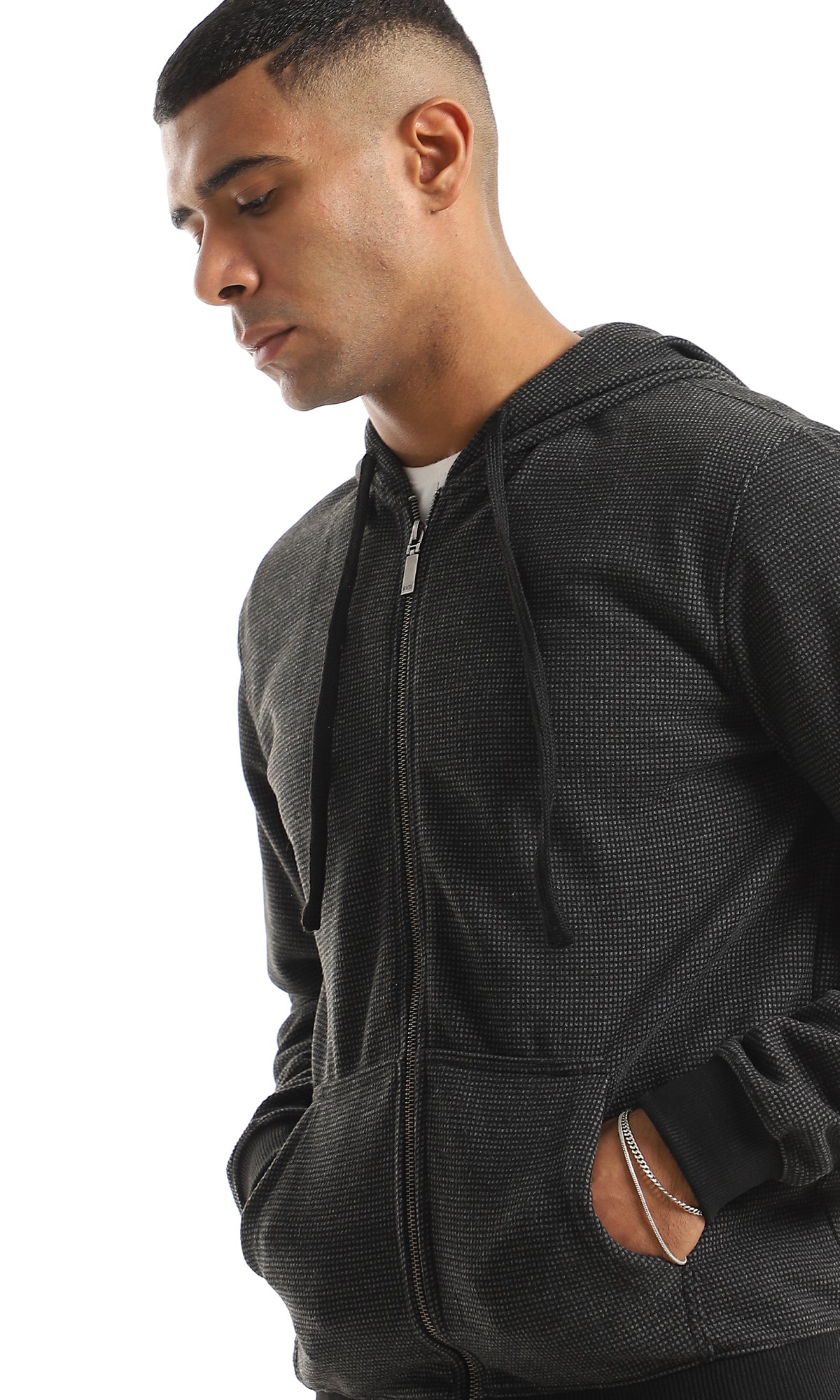 O155670 Tiny Squared Patted Zipped Dark Grey Sweatshirt With Side Pockets