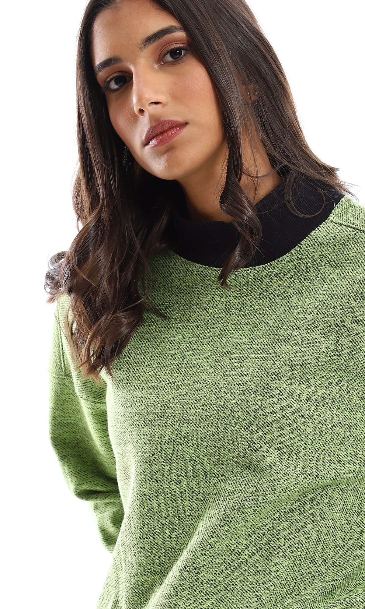 O155699 Cropped Fleece Green Sweatshirt With High Neck