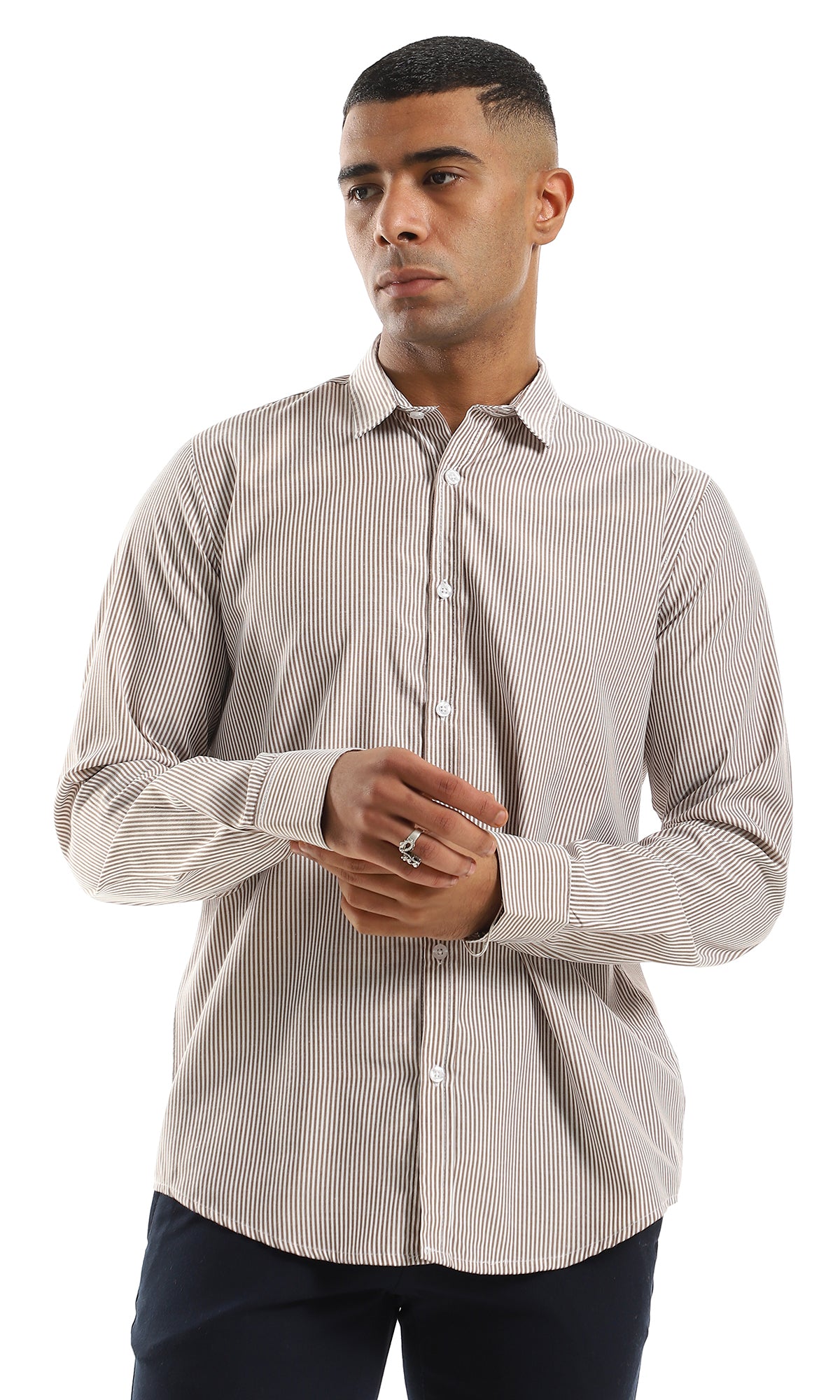 O155801 Striped Classic Collar Full Buttoned Coffee & Off White Shirt