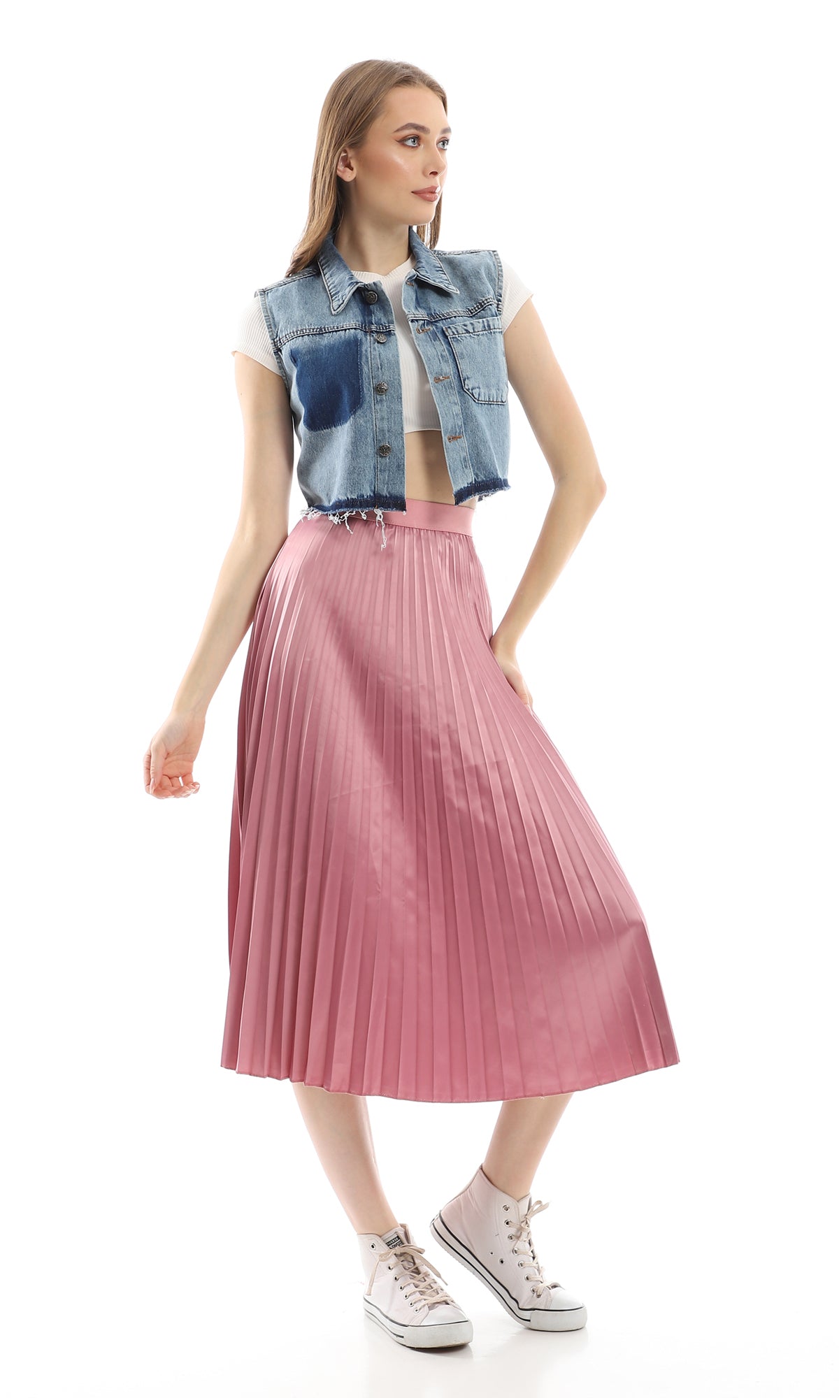 O155939 Elastic Waist Light Lavender Pleated Maxi Skirt