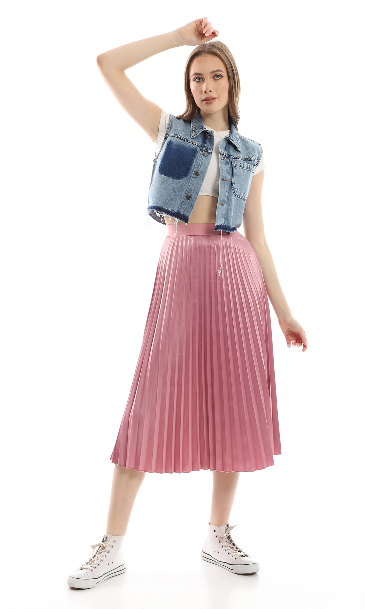 O155939 Elastic Waist Light Lavender Pleated Maxi Skirt