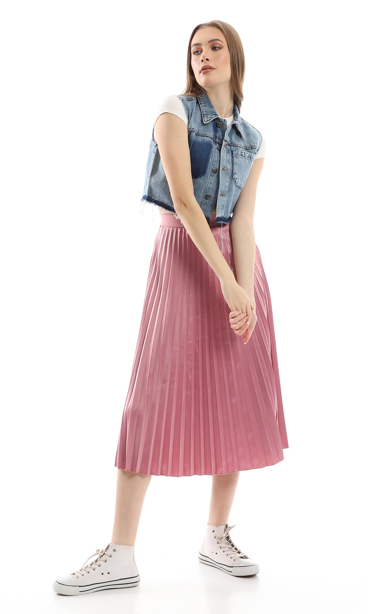 O155939 Elastic Waist Light Lavender Pleated Maxi Skirt