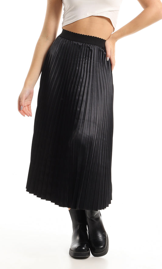 O155940 Elegant Pleated Satin Skirt With Elastic Fitted Waist - Black