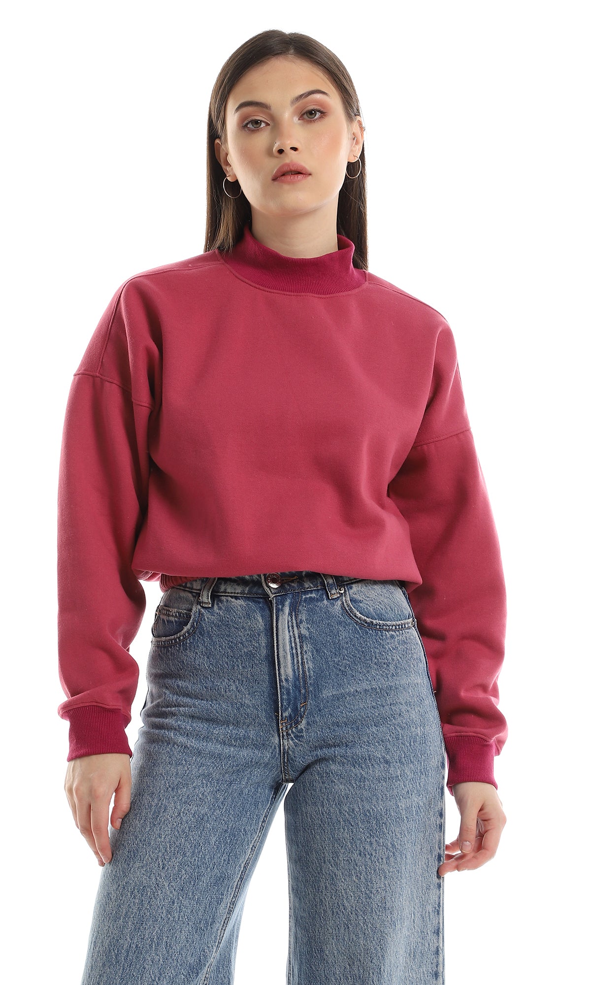 O156064 Inner Fleece Mock Neck Sweatshirt With Elastic Trim - Dark Fuchsia