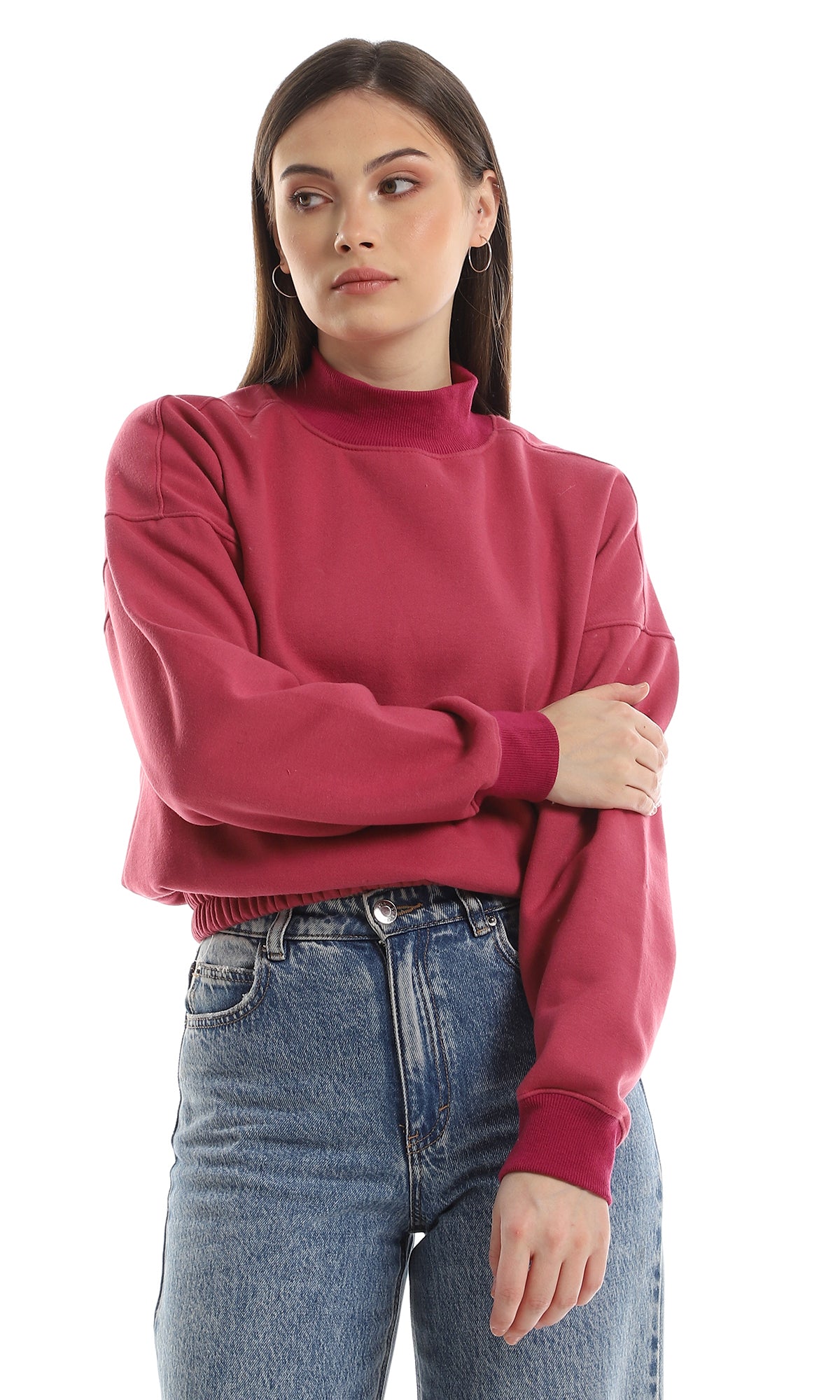 O156064 Inner Fleece Mock Neck Sweatshirt With Elastic Trim - Dark Fuchsia