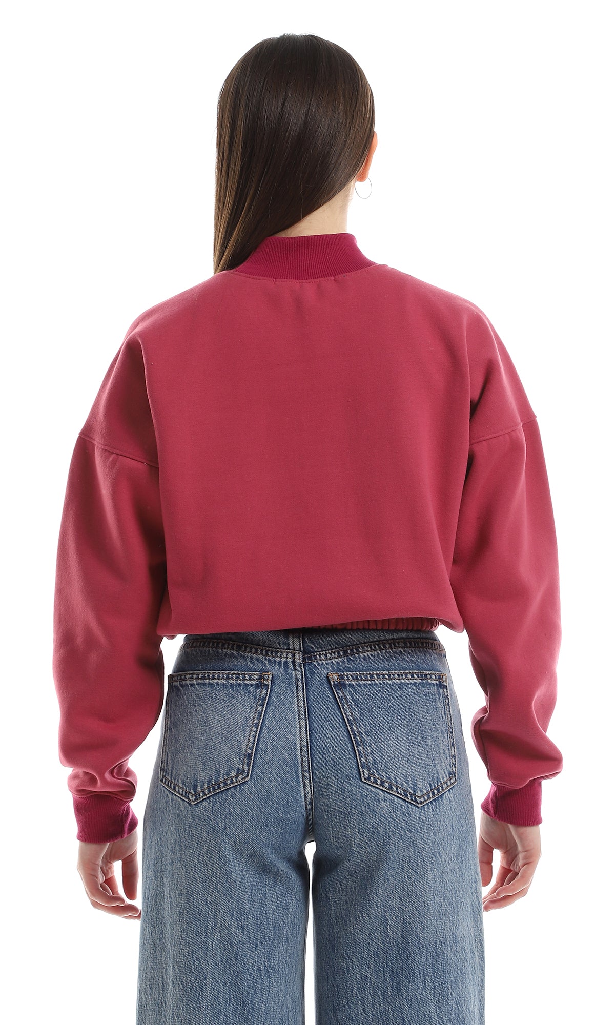 O156064 Inner Fleece Mock Neck Sweatshirt With Elastic Trim - Dark Fuchsia