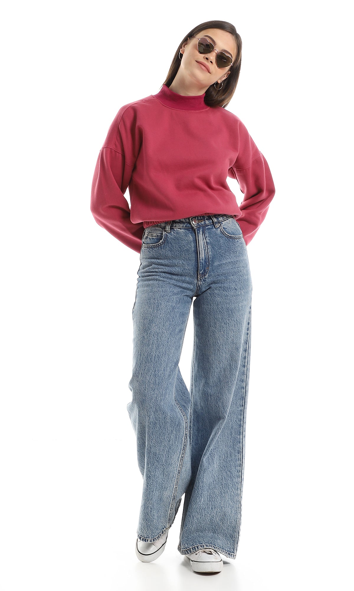 O156064 Inner Fleece Mock Neck Sweatshirt With Elastic Trim - Dark Fuchsia