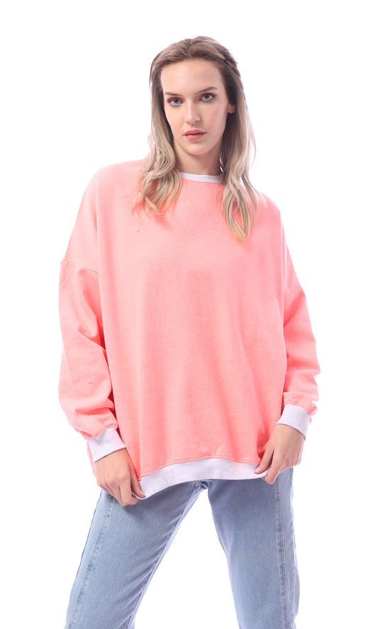 O156078 Oversized Round Neck Neon Pink Sweatshirt