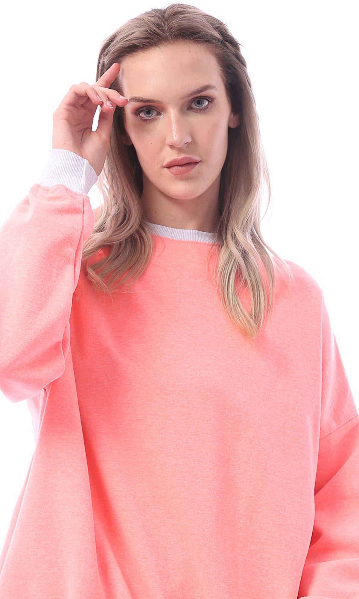 O156078 Oversized Round Neck Neon Pink Sweatshirt