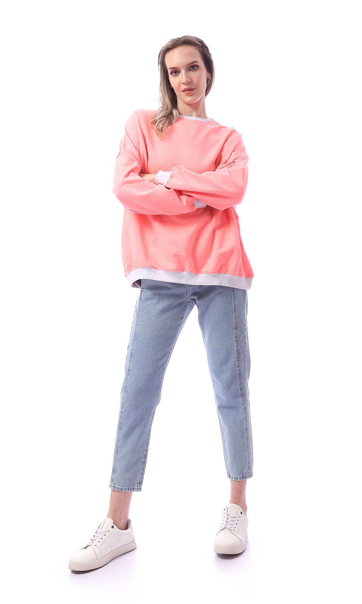 O156078 Oversized Round Neck Neon Pink Sweatshirt