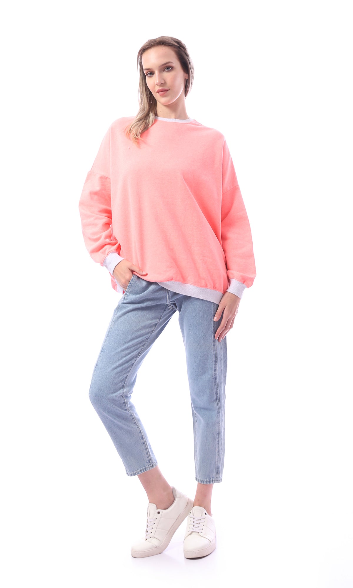 O156078 Oversized Round Neck Neon Pink Sweatshirt