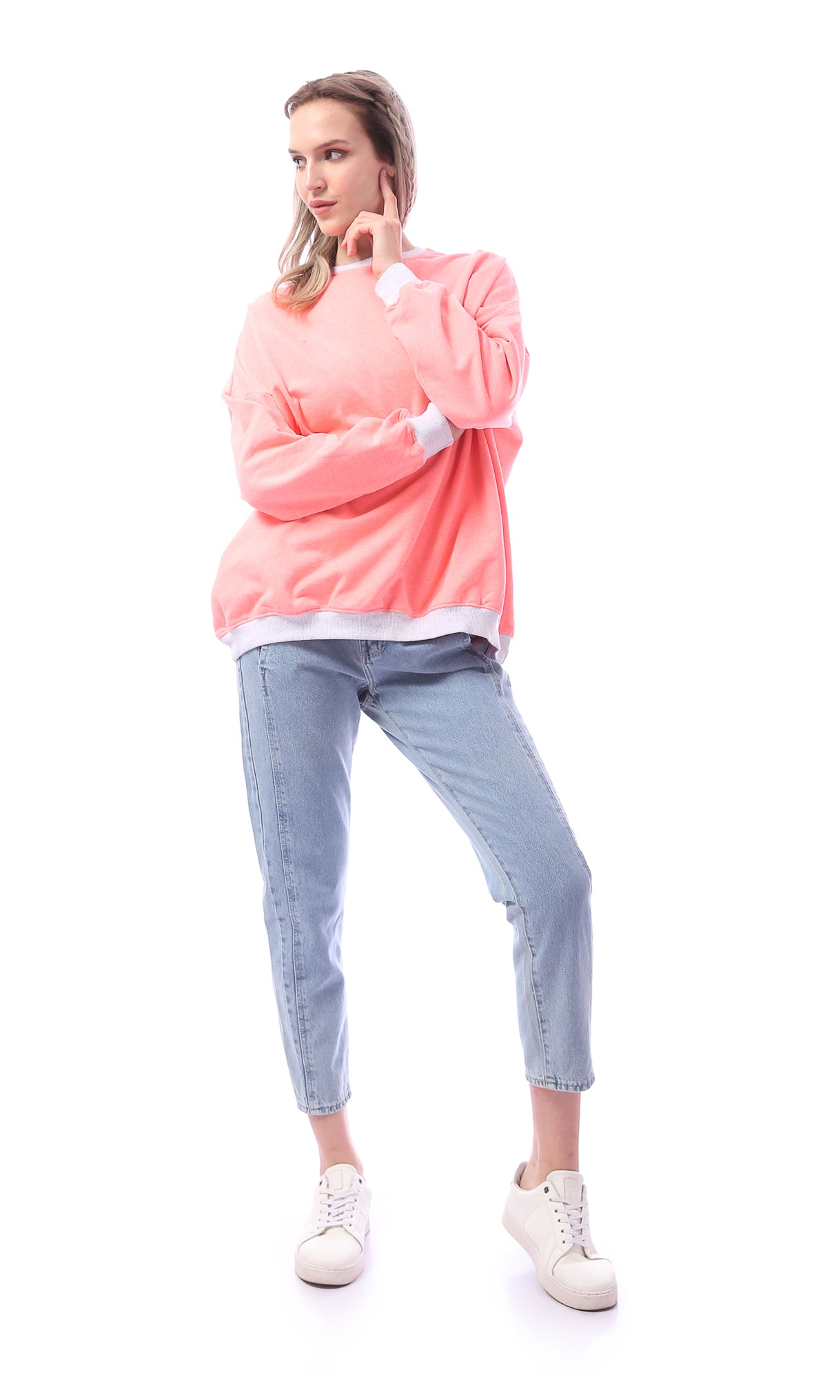 O156078 Oversized Round Neck Neon Pink Sweatshirt