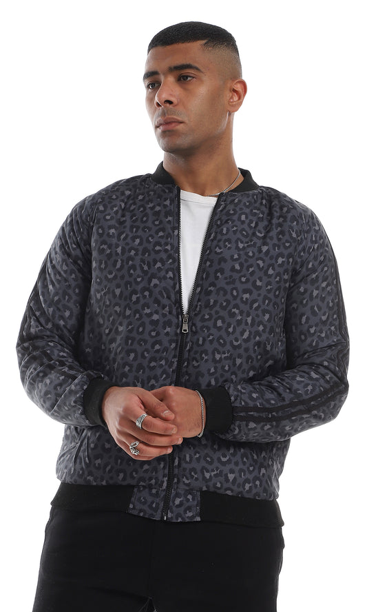 O156159 Animal Pattern Side Pockets Zipped Dark Grey & Navy Blue Jacket