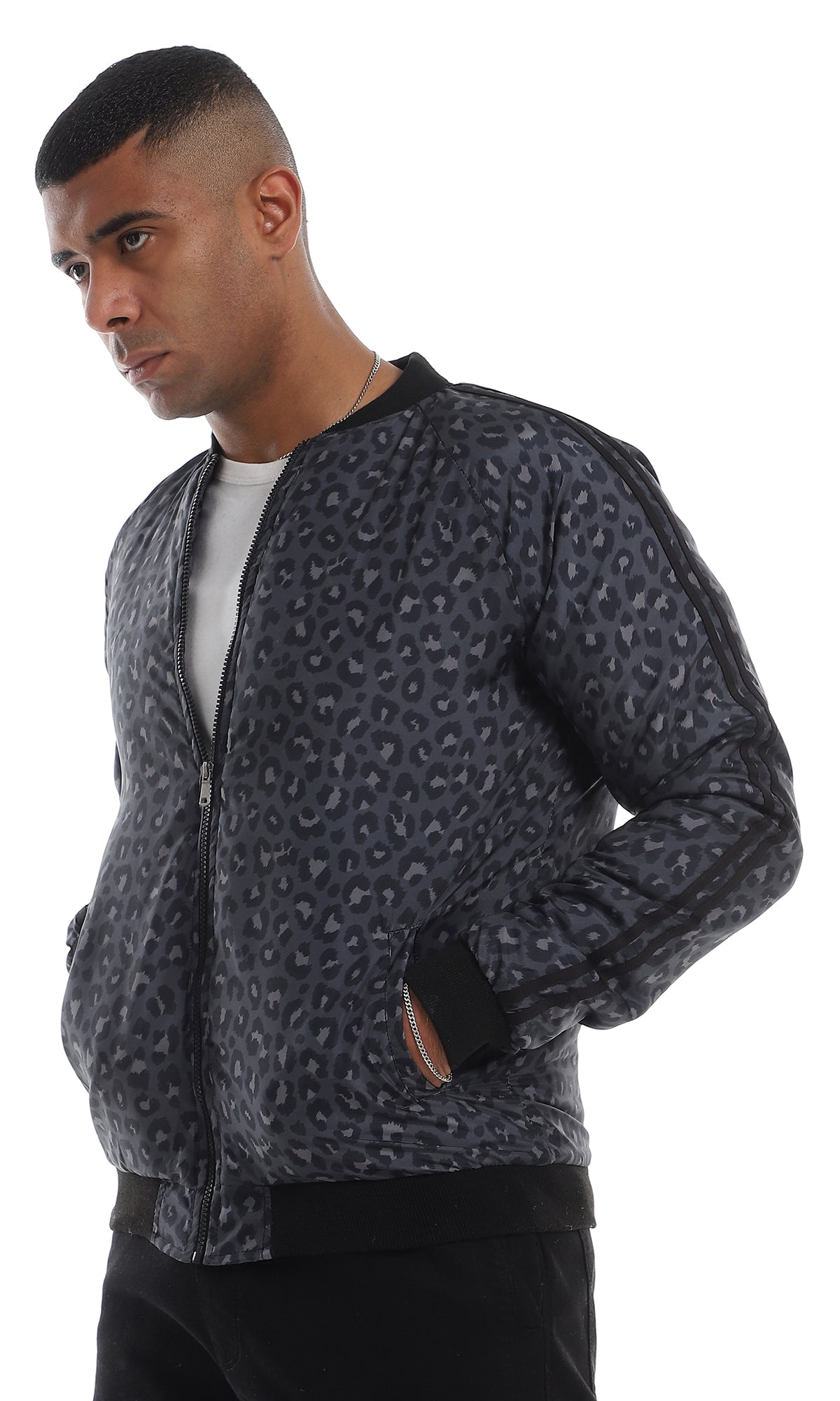 O156159 Animal Pattern Side Pockets Zipped Dark Grey & Navy Blue Jacket