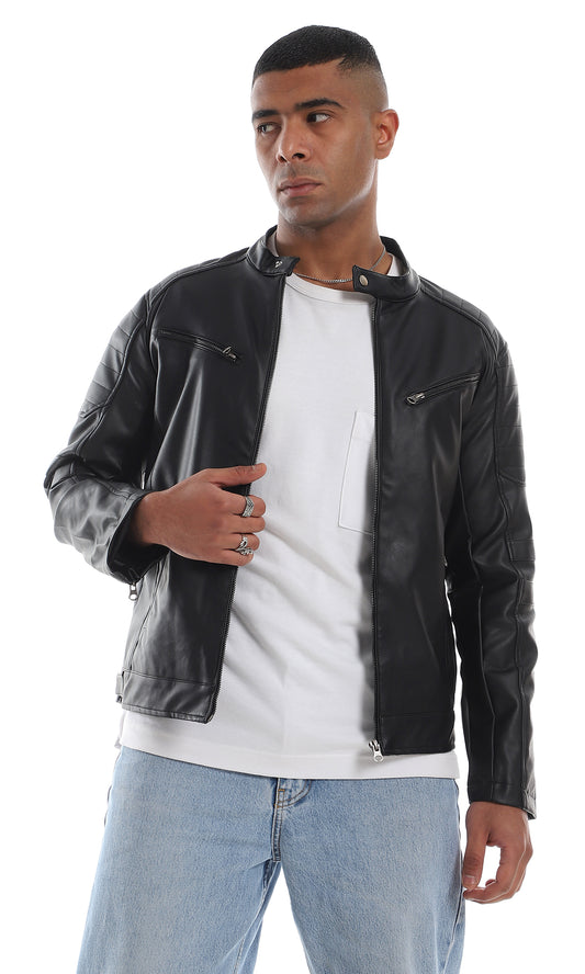 O156162 Band Neck Internal Fur Black Leather Jacket