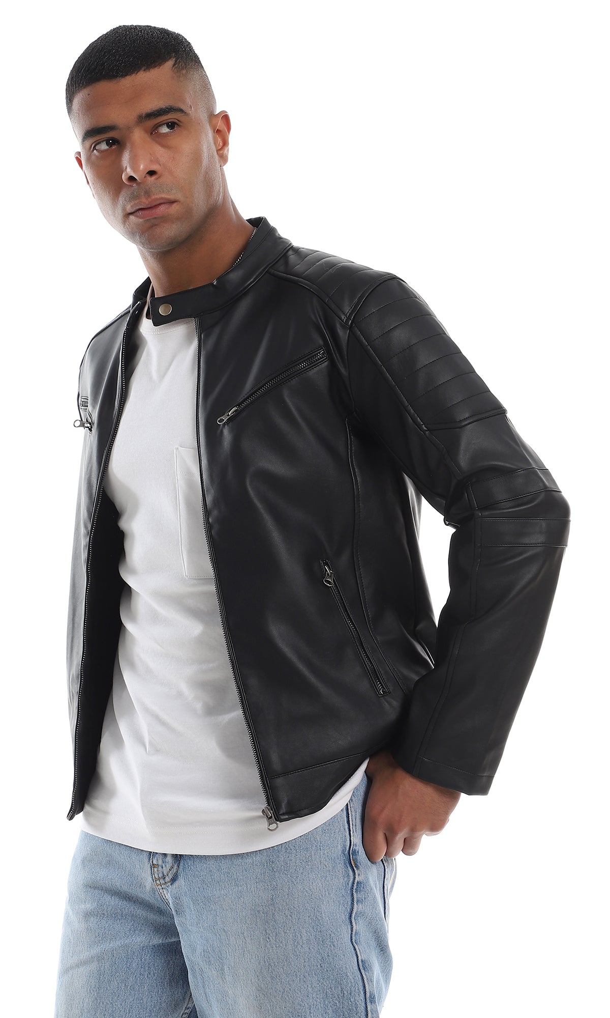 O156162 Band Neck Internal Fur Black Leather Jacket