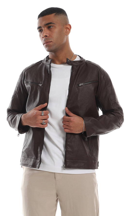 O156163 Internal Fur Band Neck Maroon Leather Jacket