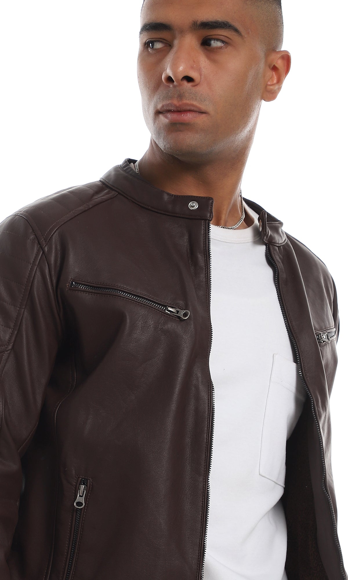 O156163 Internal Fur Band Neck Maroon Leather Jacket