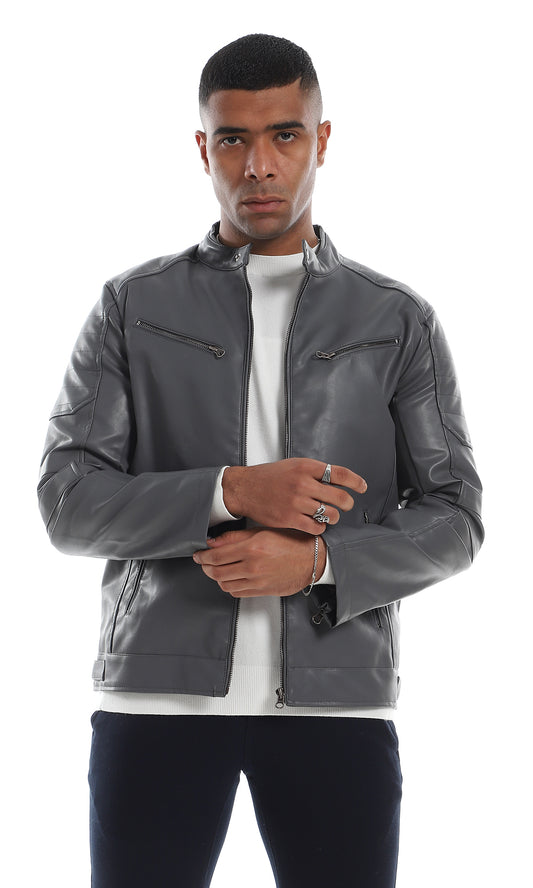 O156164 Stitched Details Internal Fur Grey Leather Jacket