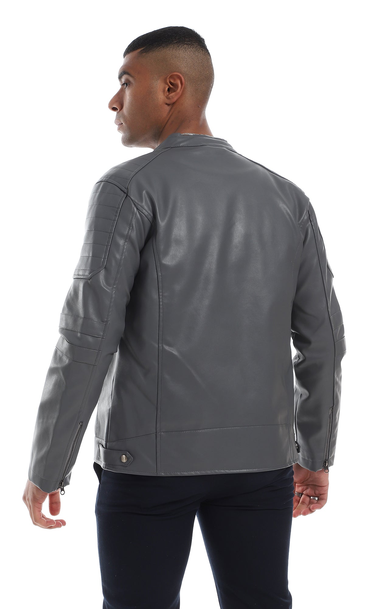 O156164 Stitched Details Internal Fur Grey Leather Jacket