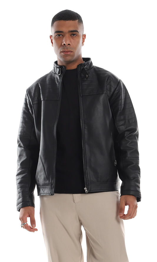 O156165 Stitched Details 2 Side Zipper Pocket Black Leather Jacket