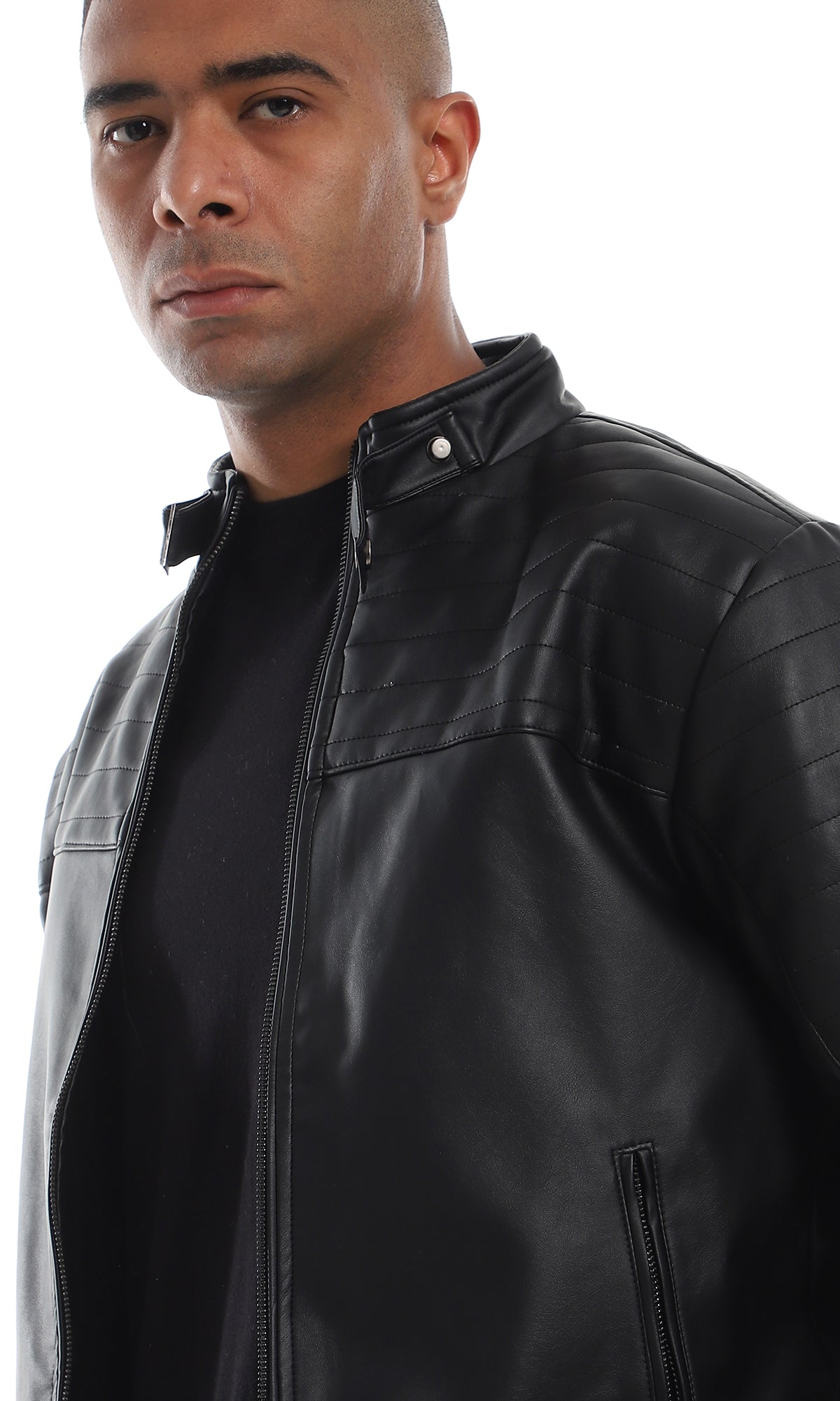 O156165 Stitched Details 2 Side Zipper Pocket Black Leather Jacket