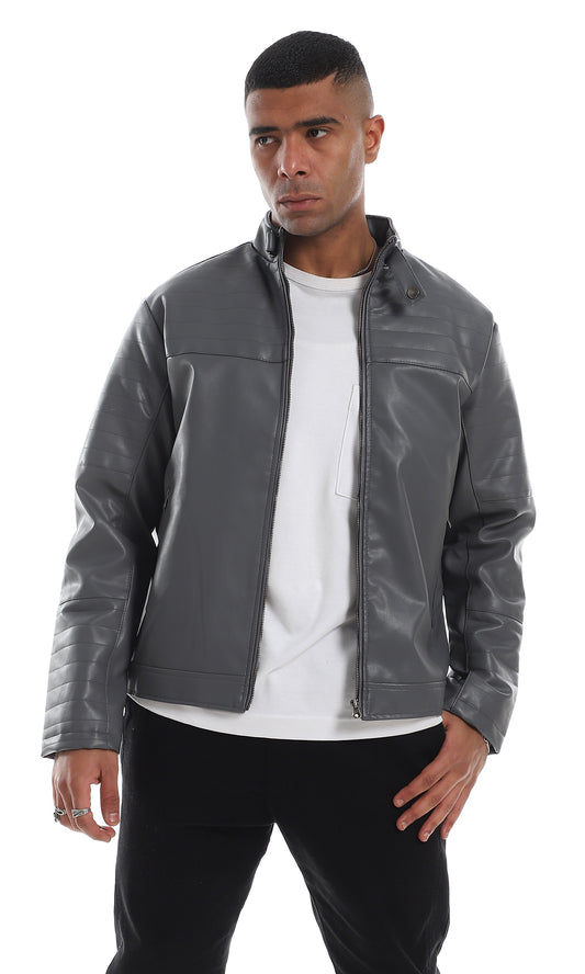 O156166 2 Side Zipper Pocket Stitched Details Grey Leather Jacket