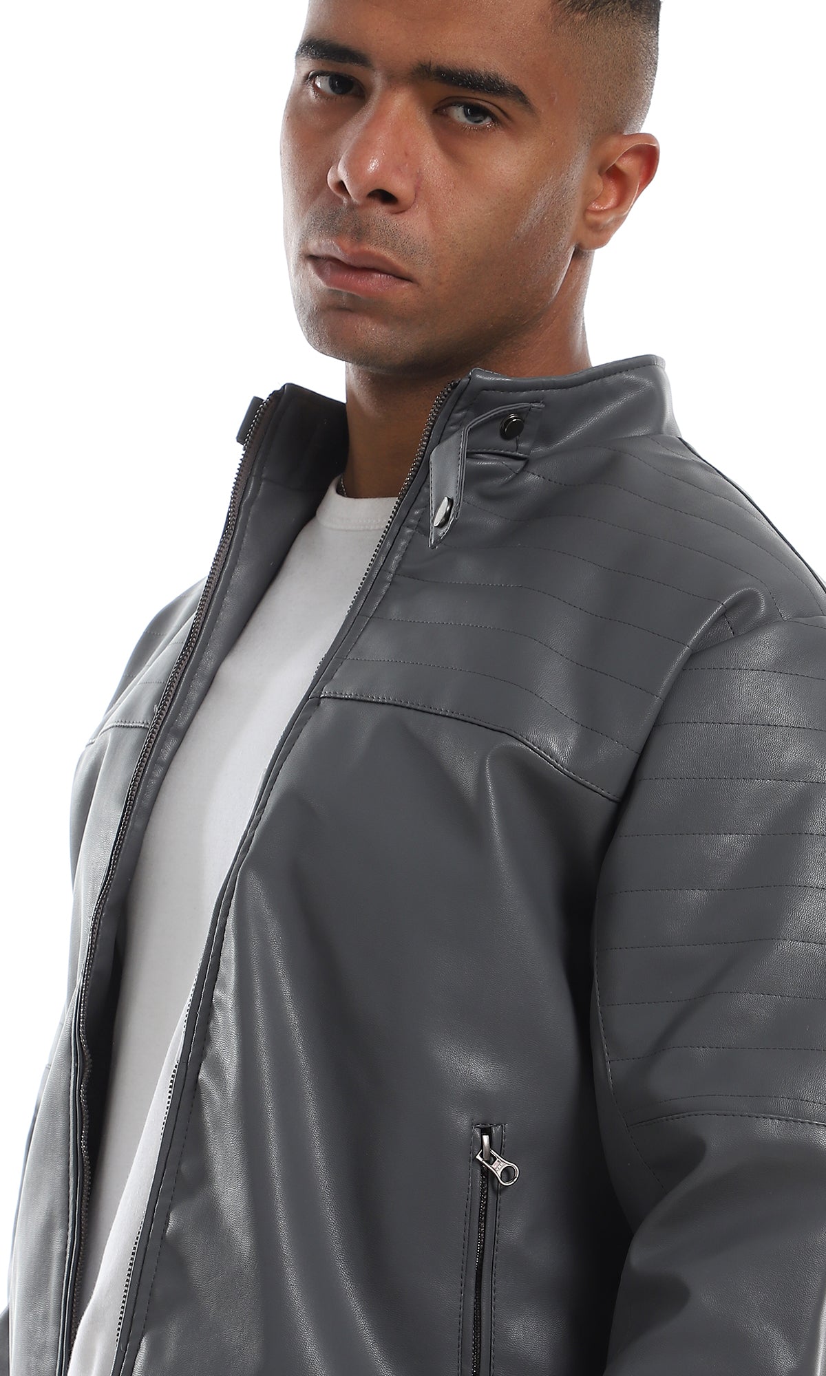O156166 2 Side Zipper Pocket Stitched Details Grey Leather Jacket