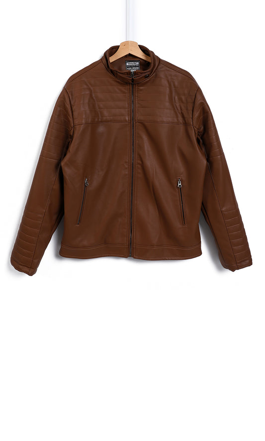 O156167 Stitched Zip Through Neck Jacket With Side Zipper Pocket - Gingerbread Brown