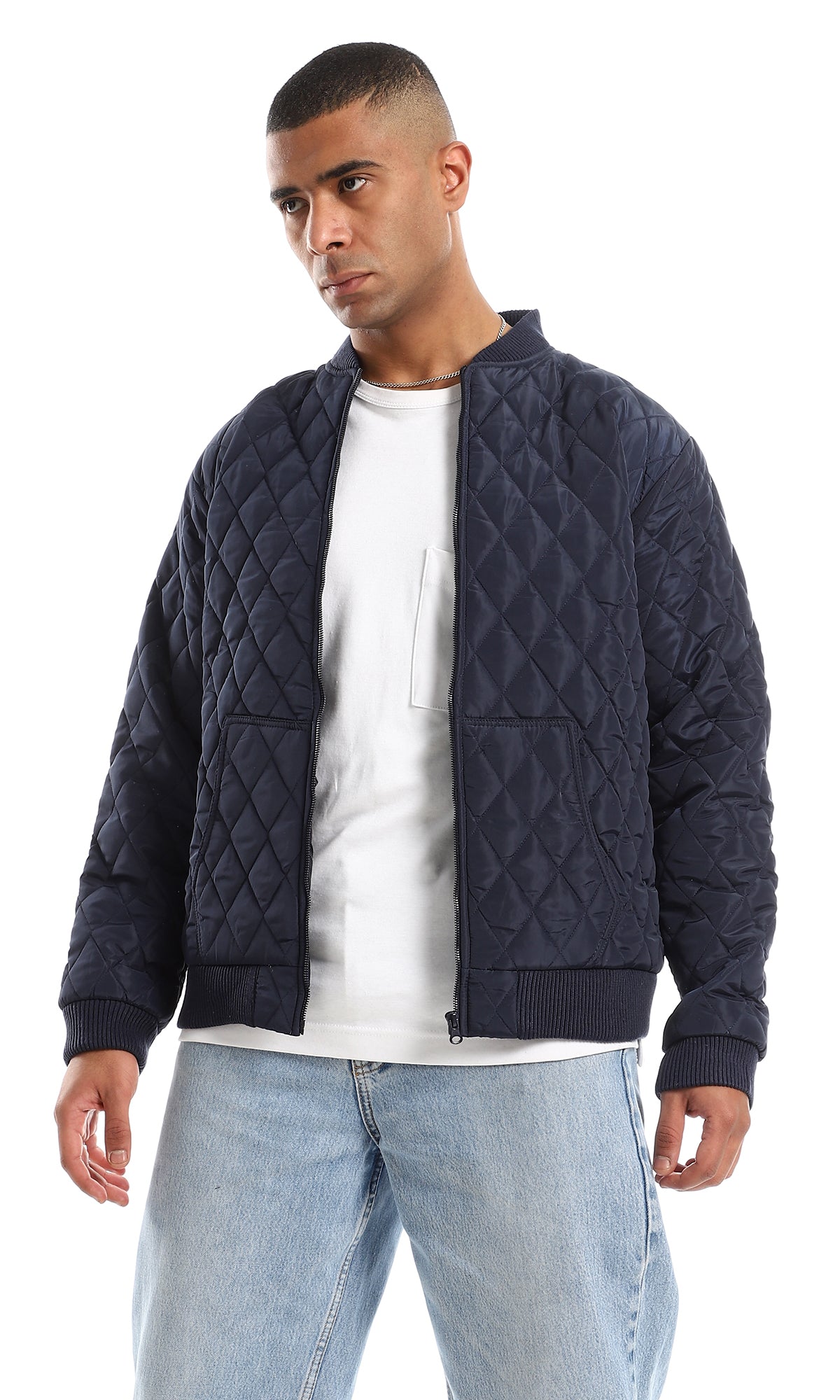 O156171 Diamond Quilted Bomber Jacket - Navy Blue