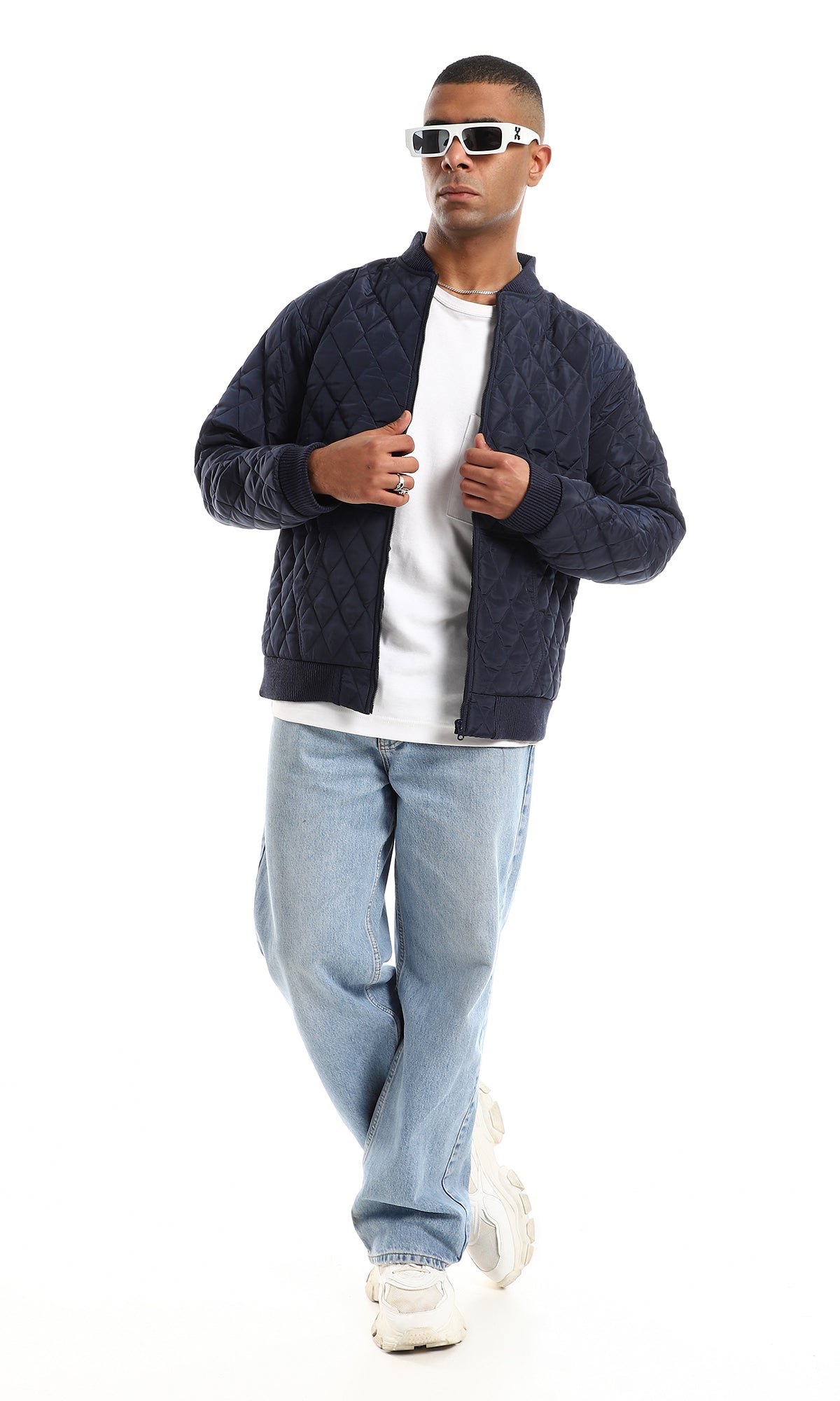 O156171 Diamond Quilted Bomber Jacket - Navy Blue