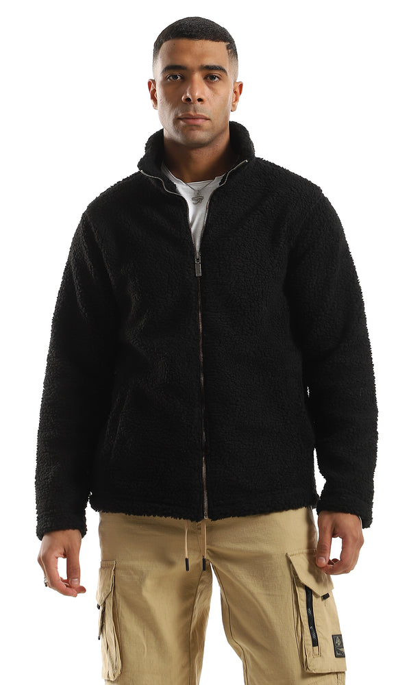 جاكيت مريح فرو بسوستة للياقة وجيوب جانبية لون أسود