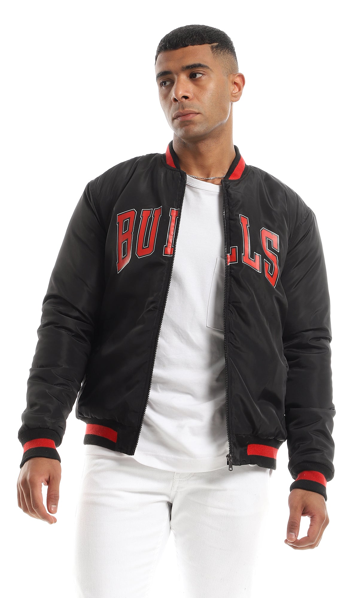 O156193 "Bulls" Bomber Jacket With Striped Neck - Black