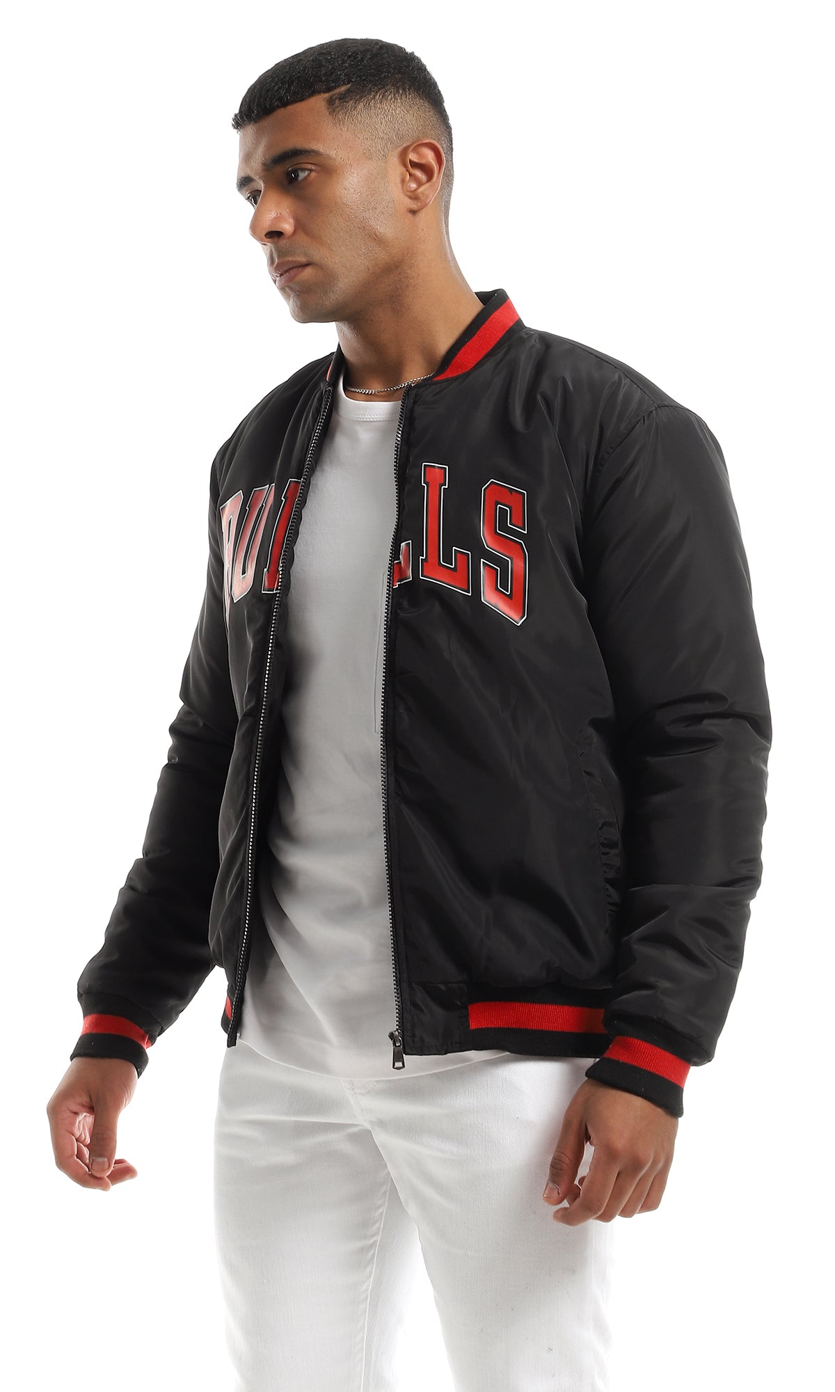 O156193 "Bulls" Bomber Jacket With Striped Neck - Black