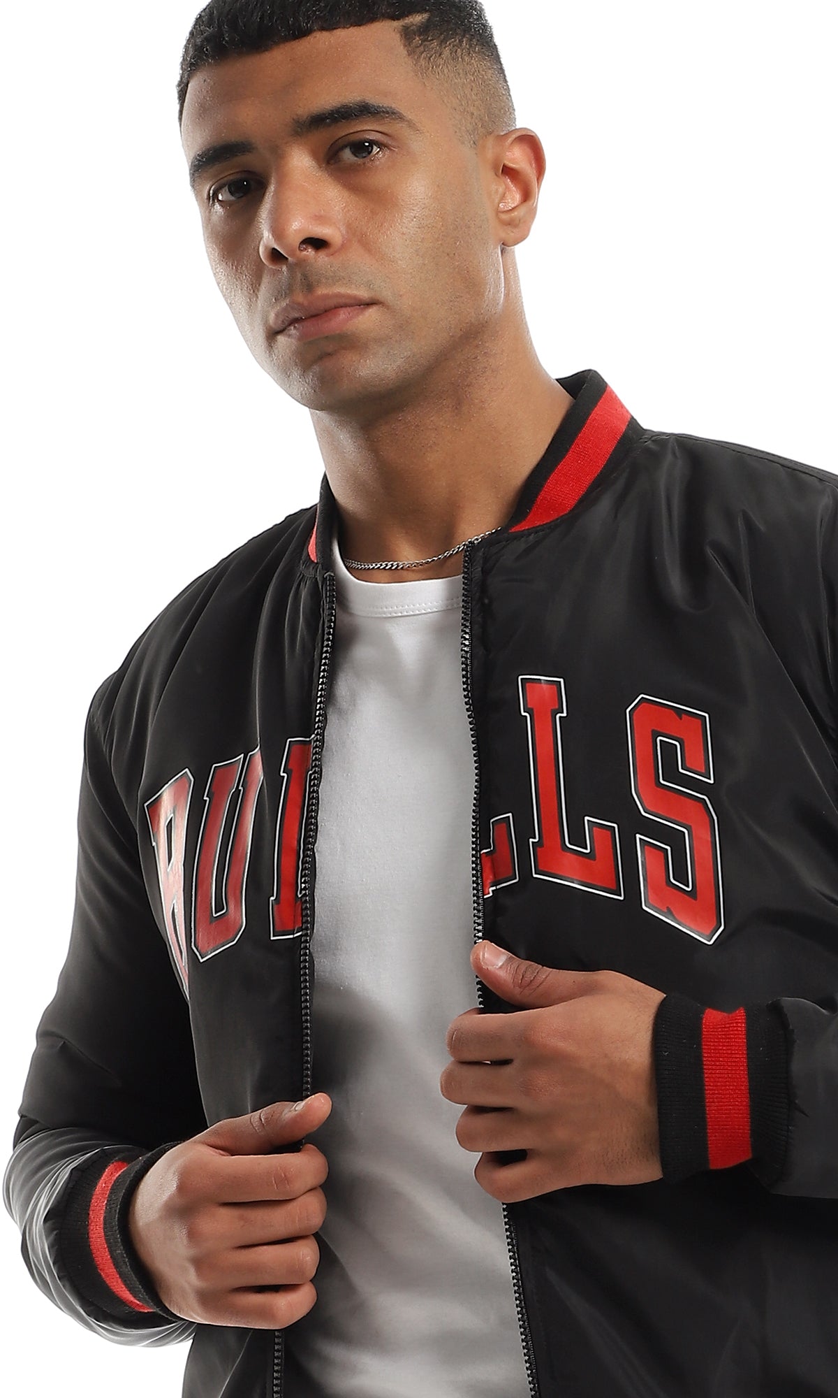 O156193 "Bulls" Bomber Jacket With Striped Neck - Black