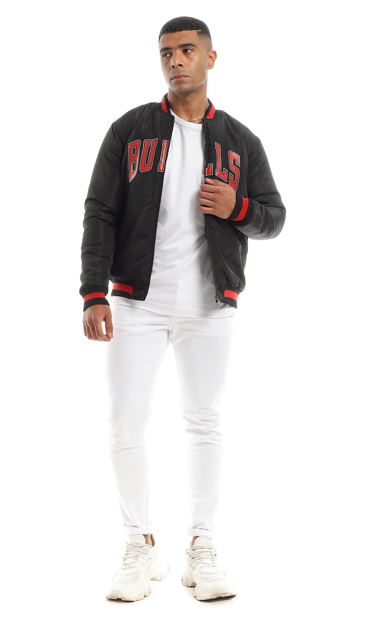 O156193 "Bulls" Bomber Jacket With Striped Neck - Black