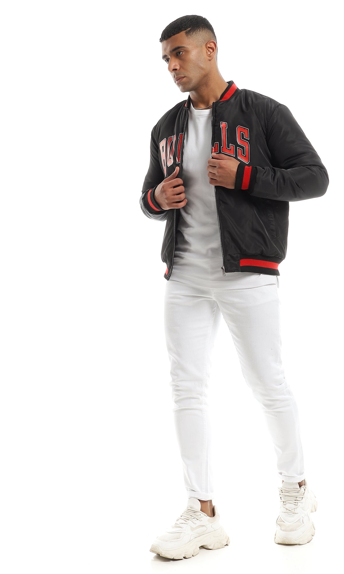 O156193 "Bulls" Bomber Jacket With Striped Neck - Black