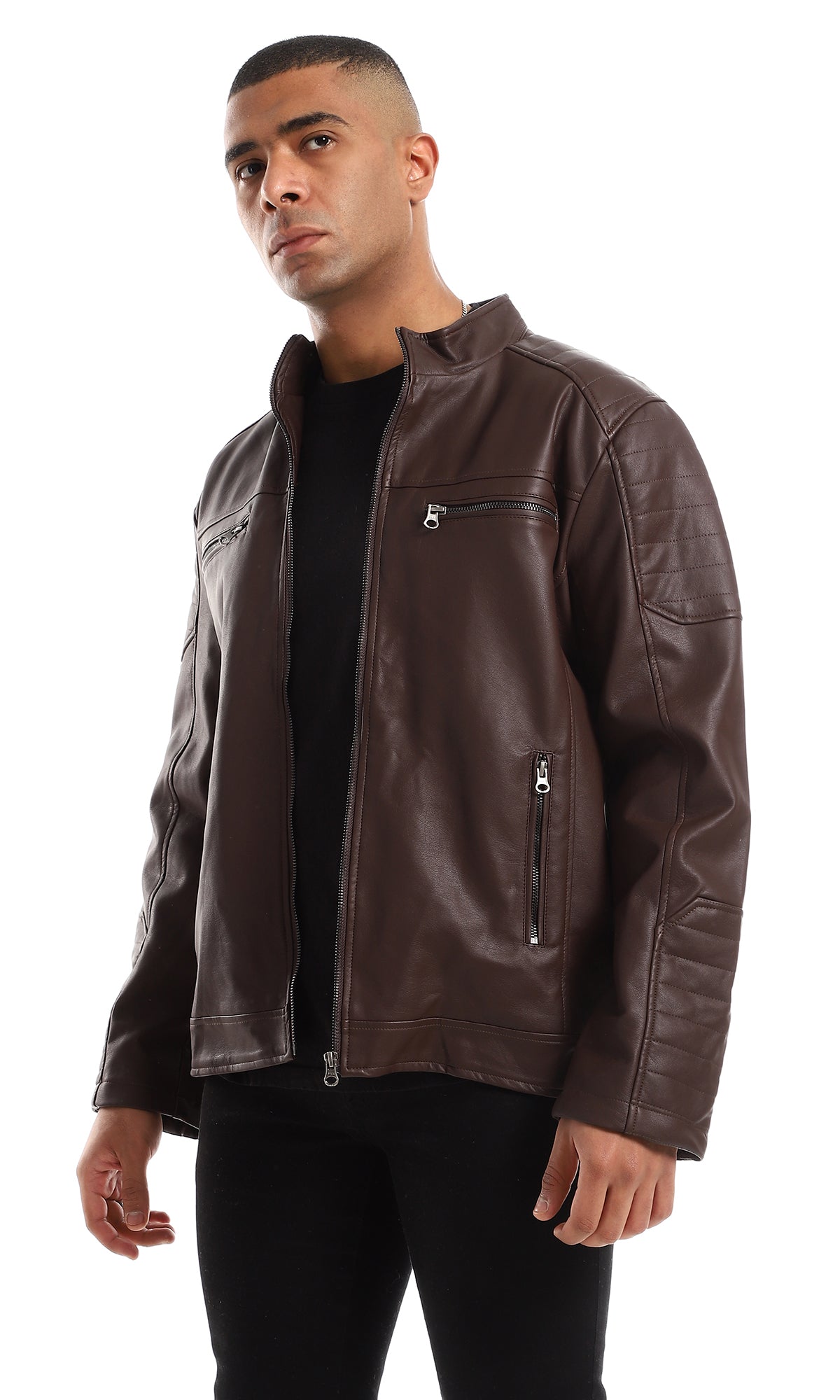 O156197 Inner Fur Full Brown Zipper Cuffs Leather Jacket